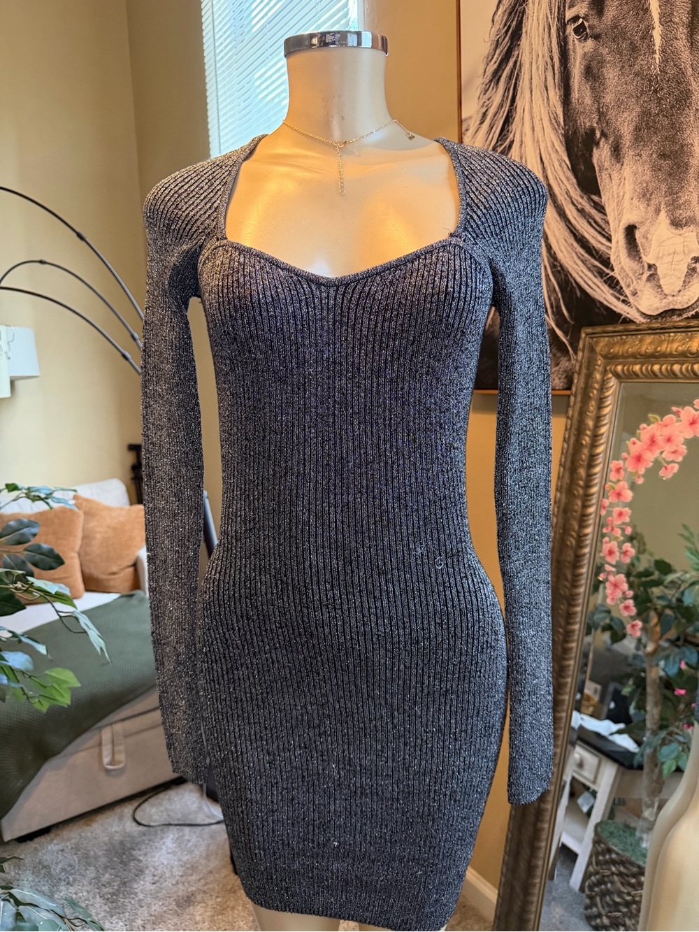 Sparkly Metallic Ribbed Long Sleeve Dress - Size S